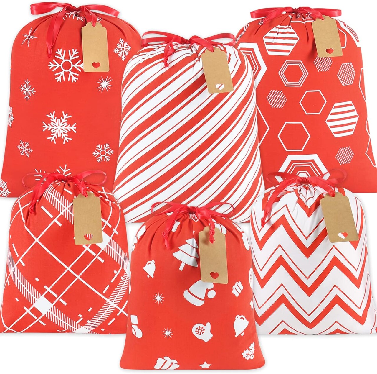 Fabric Drawstring Gift Bags Assorted, 6pcs Reusable Christmas Wrapping Sacks Cloth Pouches for Xmas Presents Party Favor
